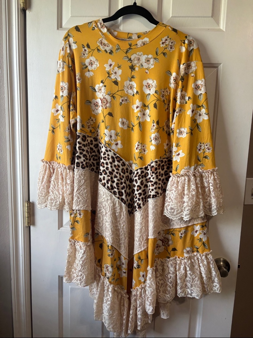 Custom Yellow Floral Lace & Leopard Trim Tunic Dress
